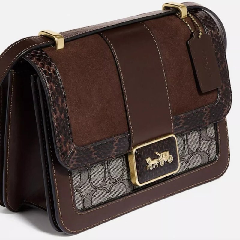 【COACH】老花蛇紋側背包-卡其咖啡色-3