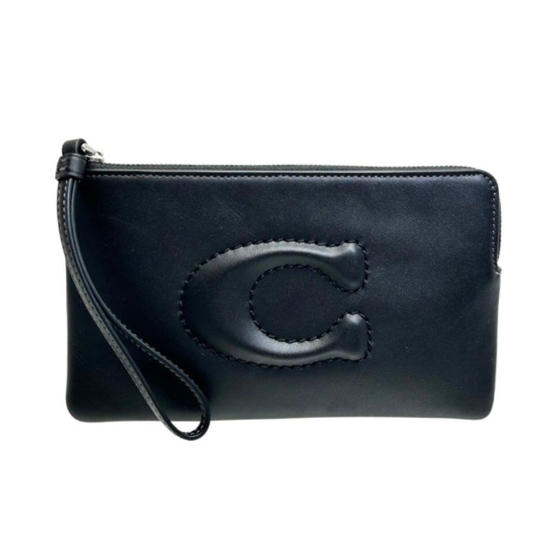 【COACH】縫線LOGO皮革手拿包-黑色-0