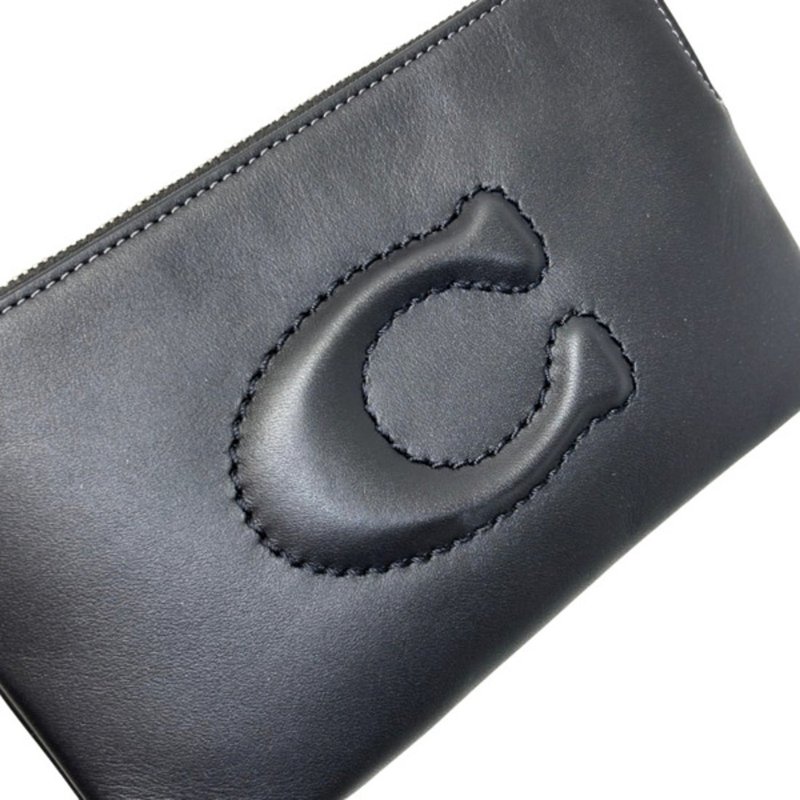 【COACH】縫線LOGO皮革手拿包-黑色-3