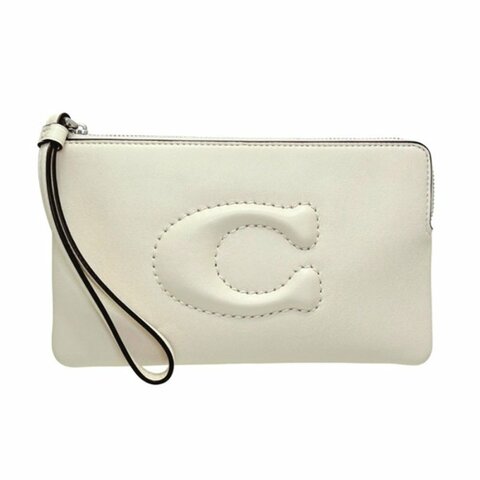 【COACH】縫線LOGO皮革手拿包-白色