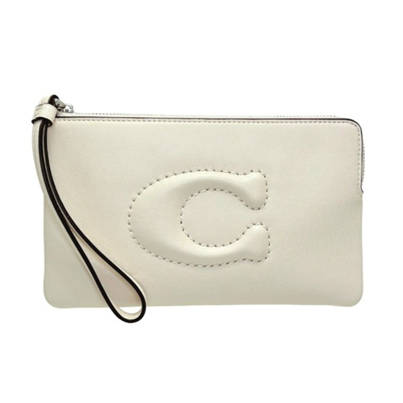 【COACH】縫線LOGO皮革手拿包-白色-0