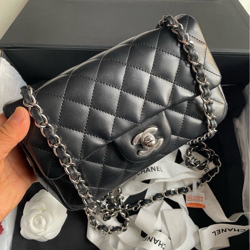 CHANEL MINI CF 黑銀 20cm 羊皮-0