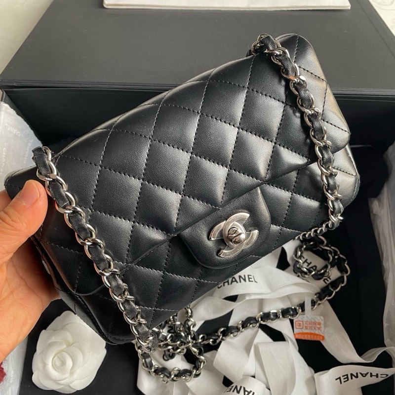 CHANEL MINI CF 黑銀 20cm 羊皮-2