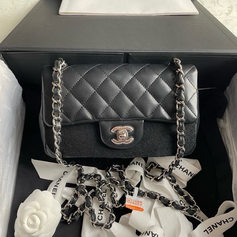 CHANEL MINI CF 黑銀 20cm 羊皮-6