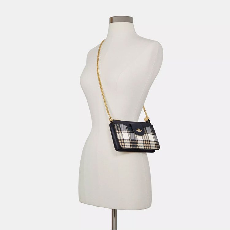 【COACH】格紋鍊條子母包-深藍白格紋-4