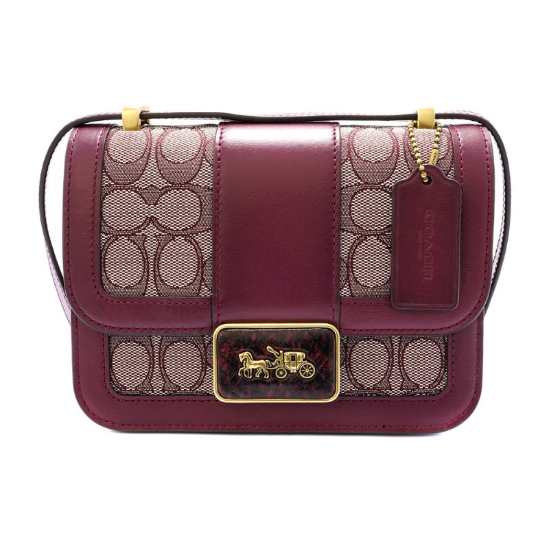 【COACH】SIGNATURE織布拼接皮革蛇皮紋LOGO按釦斜背包-卡其酒紅-0