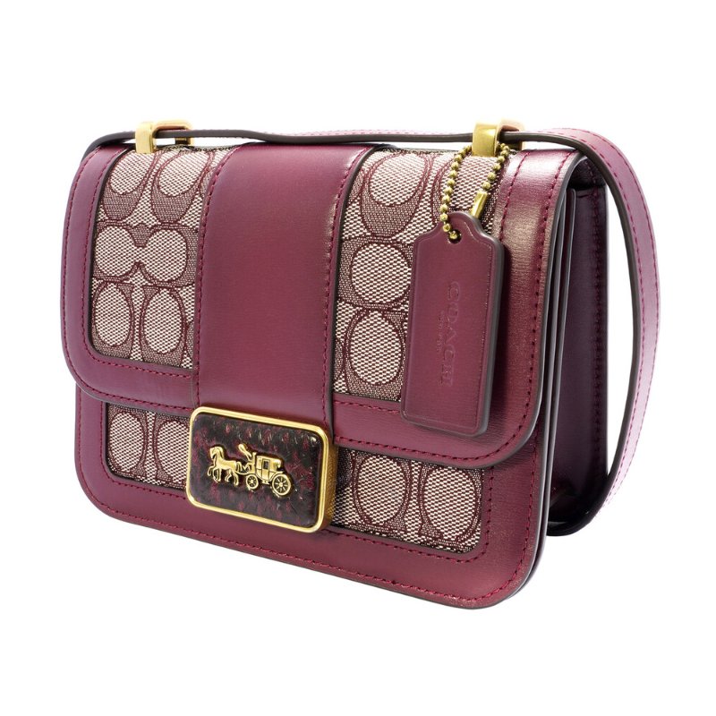 【COACH】SIGNATURE織布拼接皮革蛇皮紋LOGO按釦斜背包-卡其酒紅-1