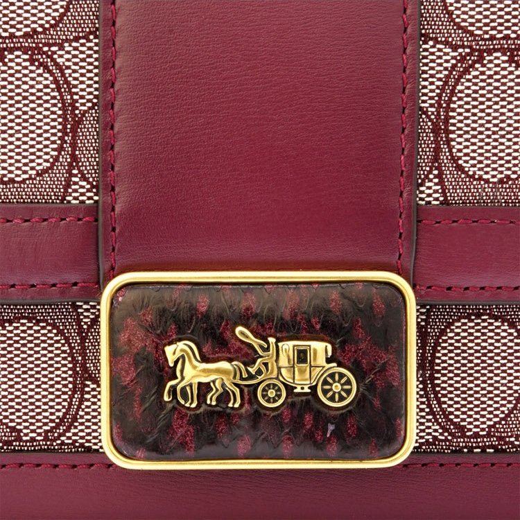 【COACH】SIGNATURE織布拼接皮革蛇皮紋LOGO按釦斜背包-卡其酒紅-2