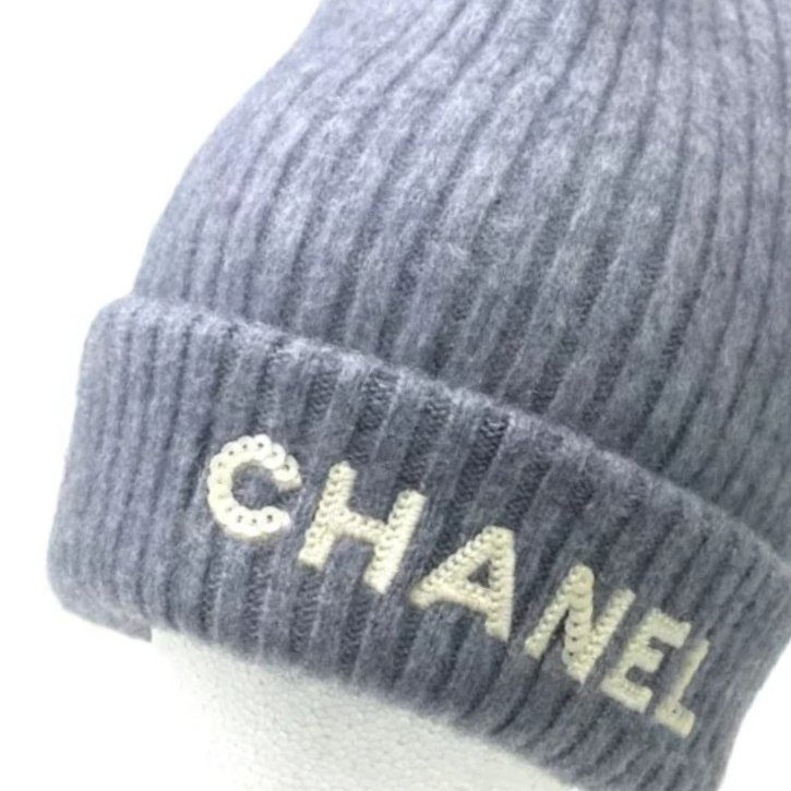 禮物～ Chanel香奈兒經典珠片刺繡logo灰色100%Cachemire羊毛針織帽/ 冷帽/ 保暖帽/ 超厚毛帽-9