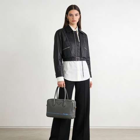 Prada 灰色復古保齡球公事包30*18*8.5  98新塵袋肩帶保卡