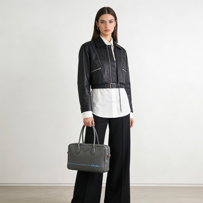 Prada 灰色復古保齡球公事包30*18*8.5  98新塵袋肩帶保卡-0