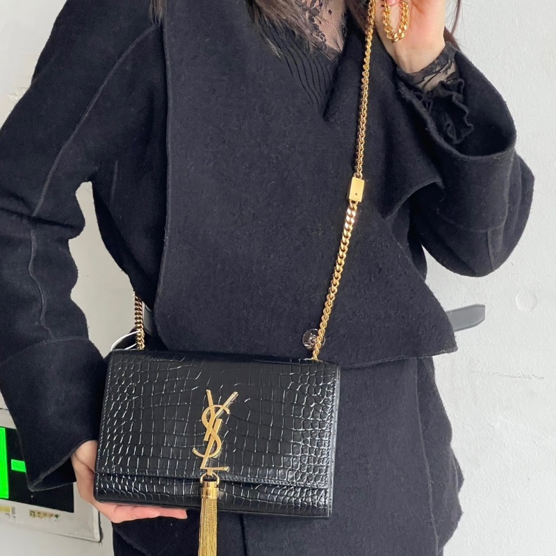 Ysl kate經典黑金鰐魚紋流蘇肩背包19.5*13*5 98新配件塵袋-0