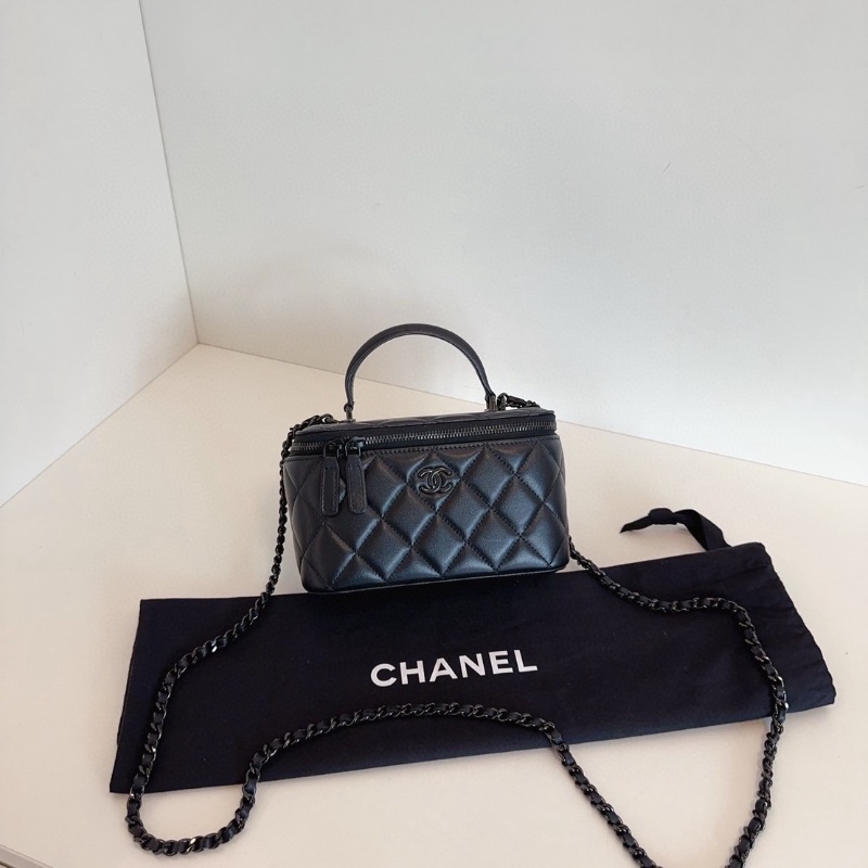Chanel  芯片款 so black  黑色手提 化妝包 長盒子鏈條包 16*10*8  99新配件塵袋-3