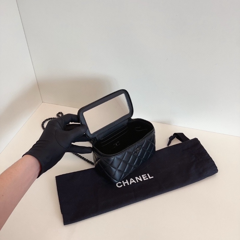 Chanel  芯片款 so black  黑色手提 化妝包 長盒子鏈條包 16*10*8  99新配件塵袋-4