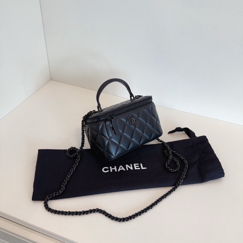 Chanel  芯片款 so black  黑色手提 化妝包 長盒子鏈條包 16*10*8  99新配件塵袋-5