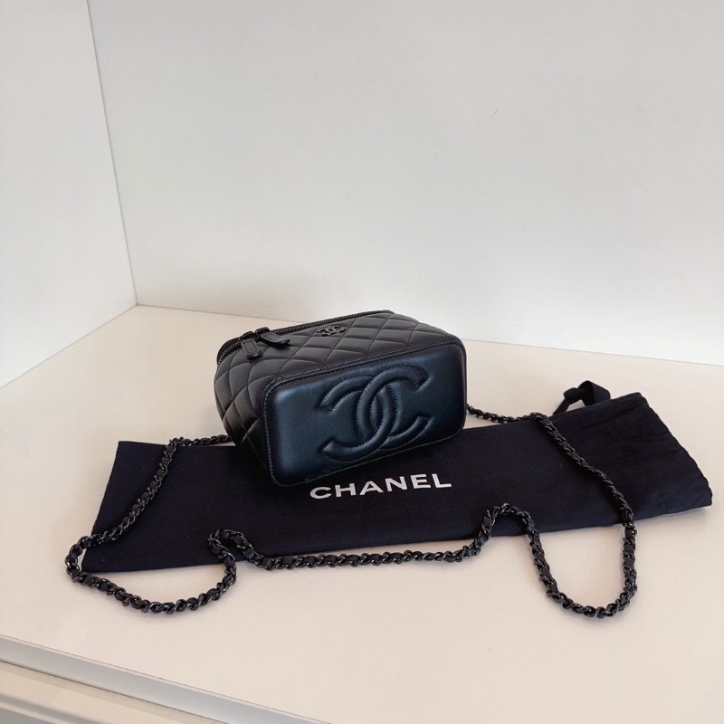 Chanel  芯片款 so black  黑色手提 化妝包 長盒子鏈條包 16*10*8  99新配件塵袋-6