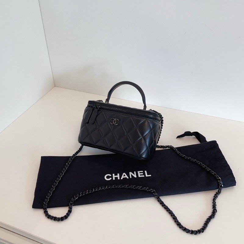 Chanel  芯片款 so black  黑色手提 化妝包 長盒子鏈條包 16*10*8  99新配件塵袋-7