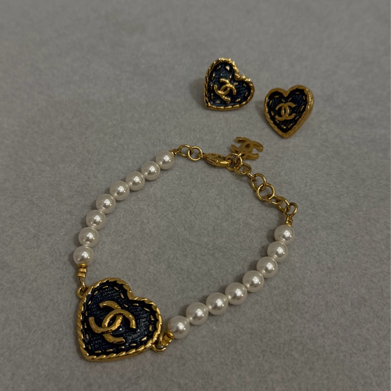 香奈兒 Chanel 24P 絕版 牛仔愛心珍珠手鍊+牛仔愛心耳環 耳針 一組一起帶 超美-1