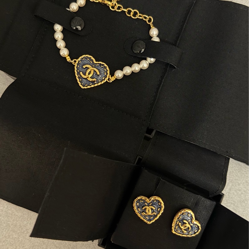 香奈兒 Chanel 24P 絕版 牛仔愛心珍珠手鍊+牛仔愛心耳環 耳針 一組一起帶 超美-2