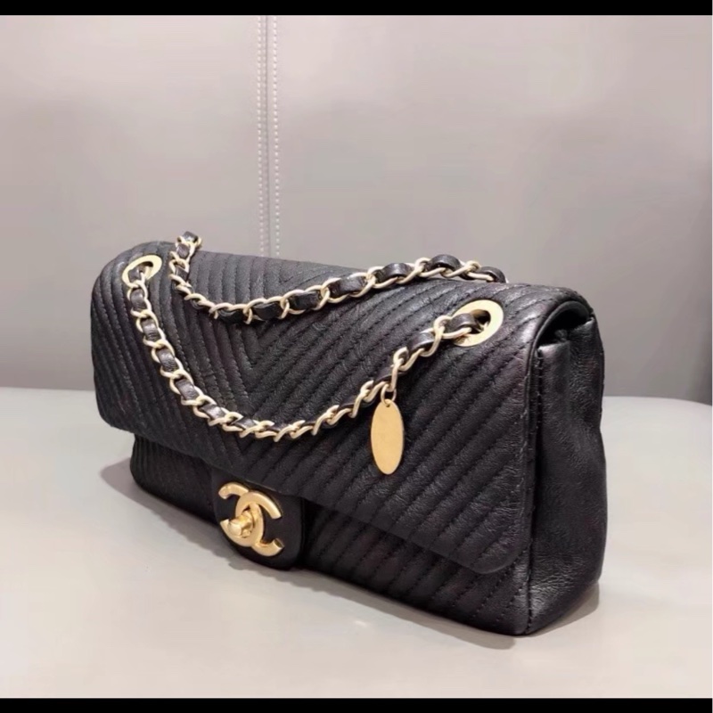 經典奢華👜 Chanel香奈兒黑金中號v紋cf鏈條單肩斜挎包-9