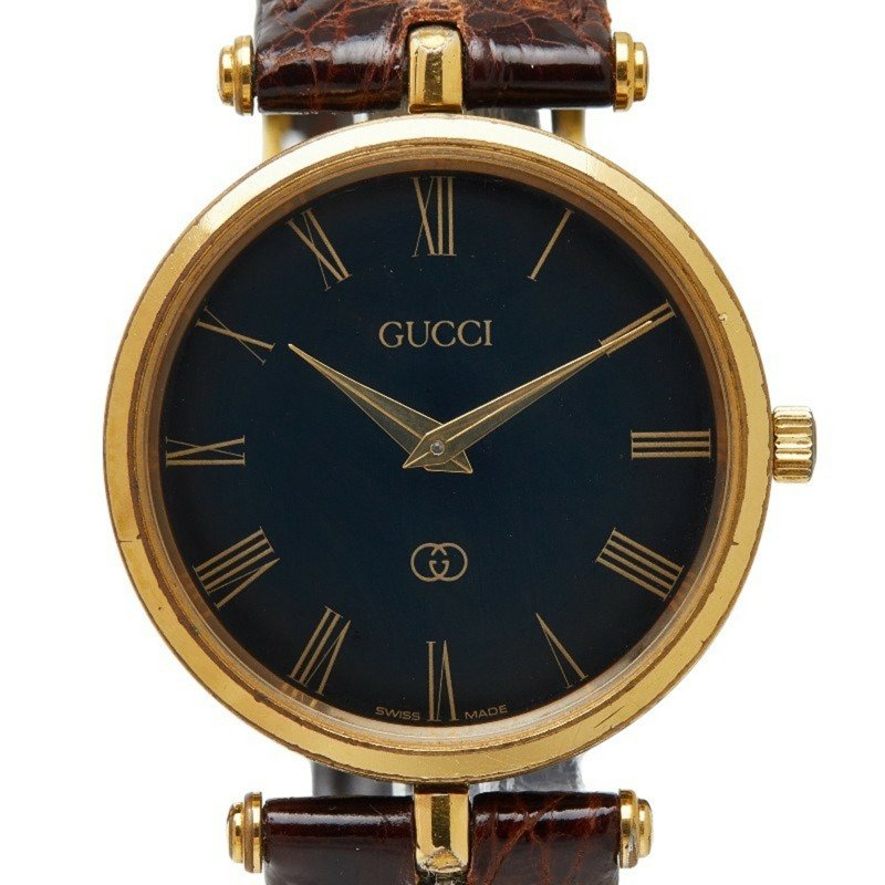 Gucci 男士石英腕錶，黑色錶盤，不鏽鋼錶殼搭配皮革錶帶-0