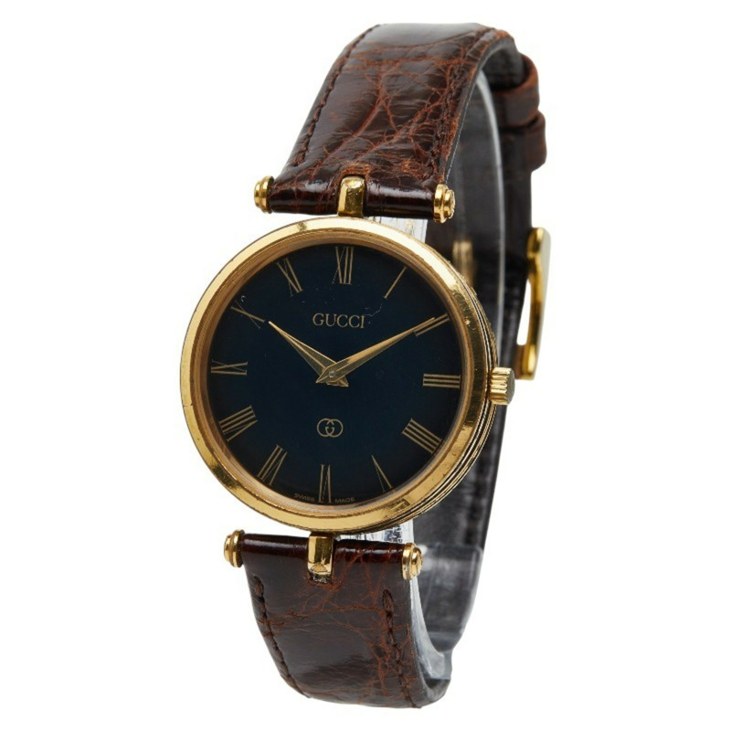 Gucci 男士石英腕錶，黑色錶盤，不鏽鋼錶殼搭配皮革錶帶-1
