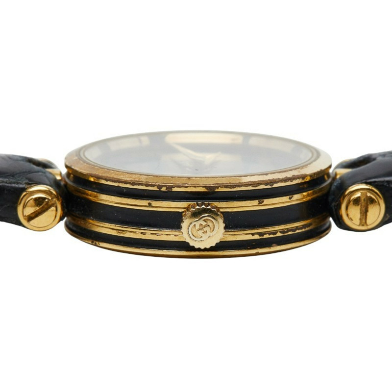 Gucci 女士石英腕錶，黑色錶盤，不鏽鋼錶殼搭配皮革錶帶-3