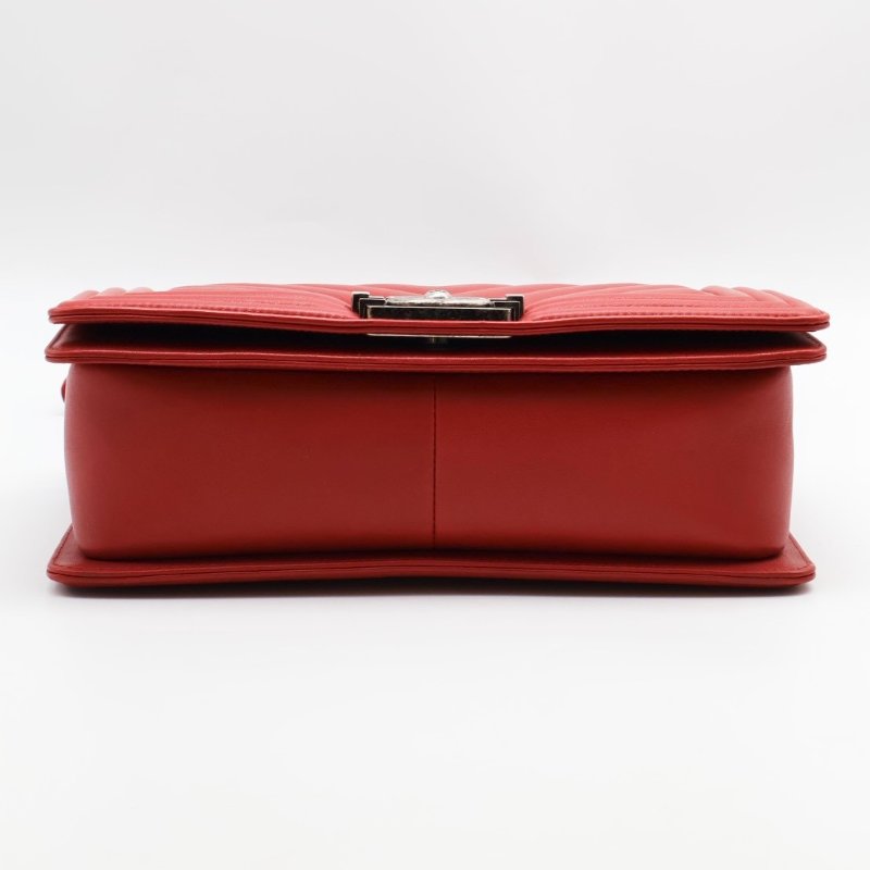 CHANEL Boy25 V紋牛皮口蓋包 - 紅銀22開-12