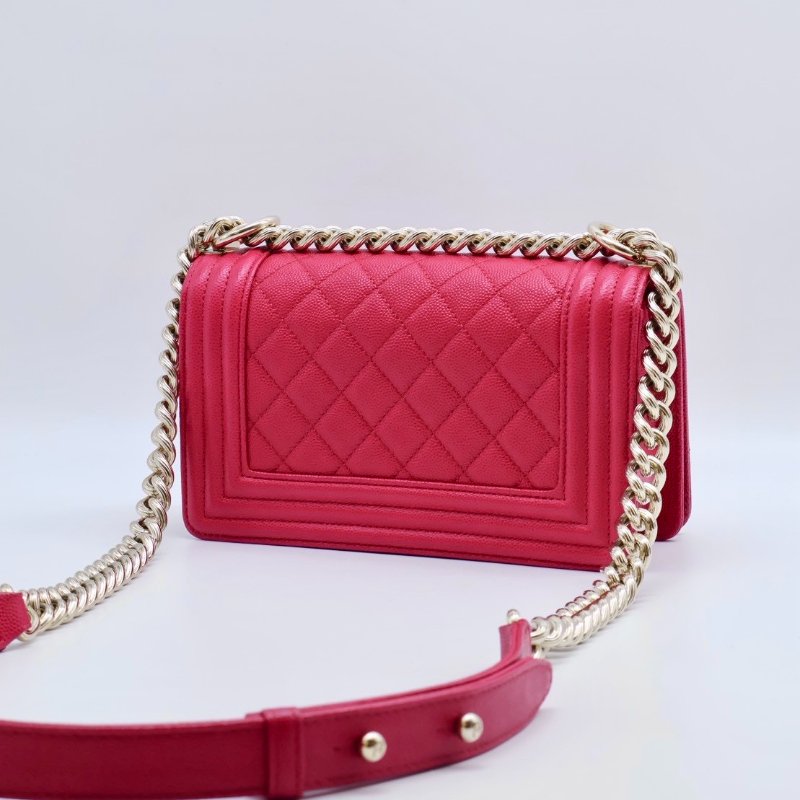 CHANEL Boy20 粒面牛皮口蓋包 - 桃紅金23開-1