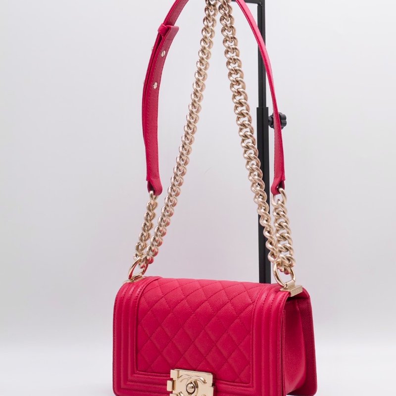 CHANEL Boy20 粒面牛皮口蓋包 - 桃紅金23開-20