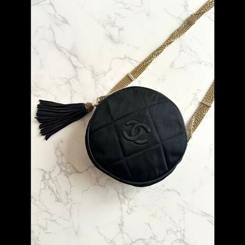 絕版中古包 Chanel黑金絲絹圓餅包 側背包 單肩包 斜背包 中古包