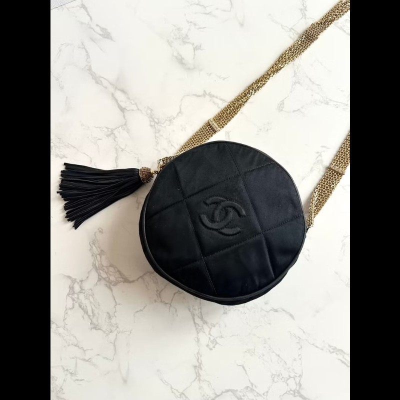 絕版中古包 Chanel黑金絲絹圓餅包 側背包 單肩包 斜背包 中古包-0