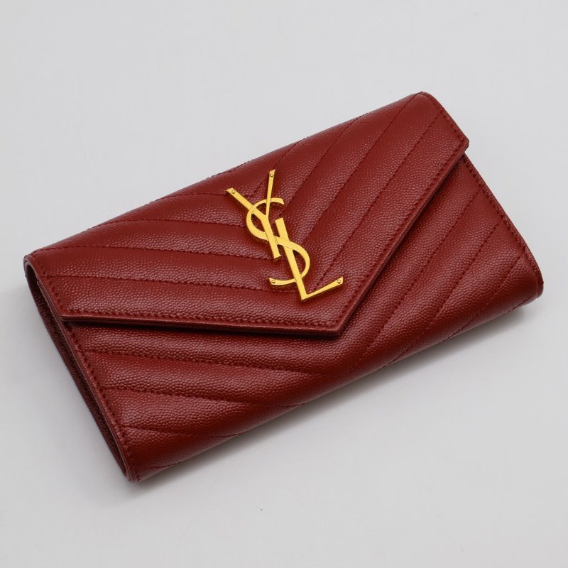 YSL 經典V紋粒面牛皮長夾 - 紅金-0