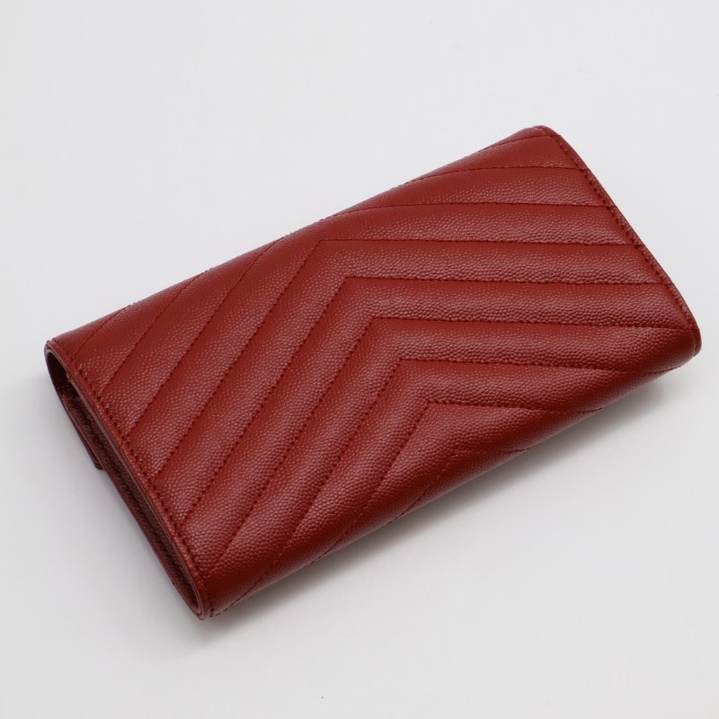 YSL 經典V紋粒面牛皮長夾 - 紅金-1