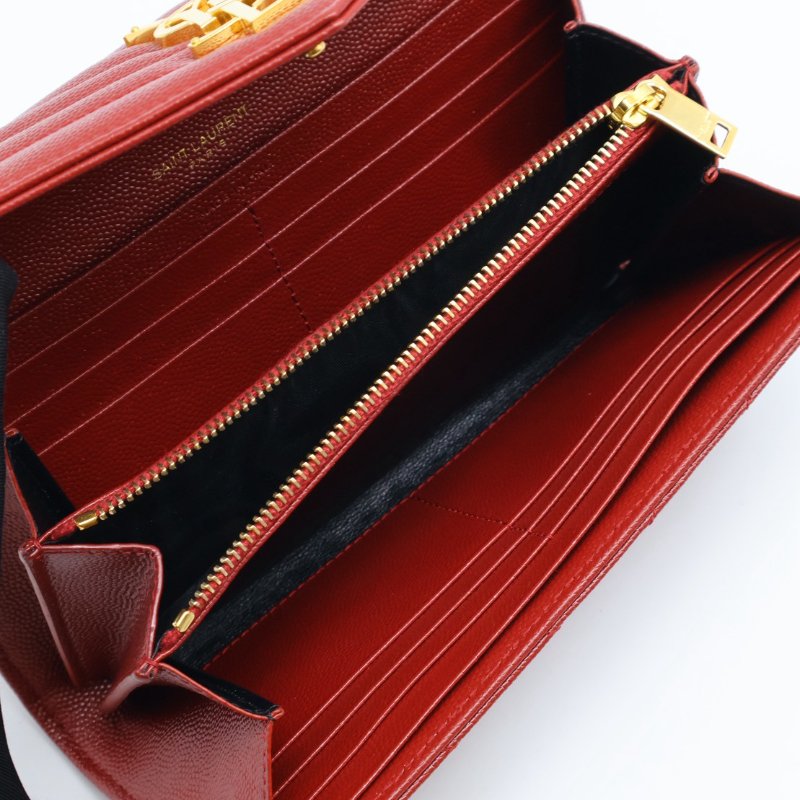 YSL 經典V紋粒面牛皮長夾 - 紅金-2