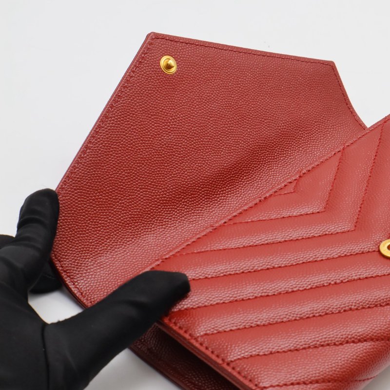 YSL 經典V紋粒面牛皮長夾 - 紅金-3