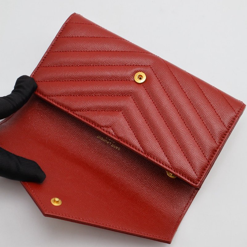 YSL 經典V紋粒面牛皮長夾 - 紅金-4