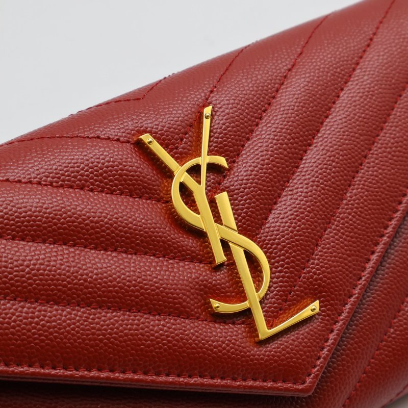 YSL 經典V紋粒面牛皮長夾 - 紅金-5