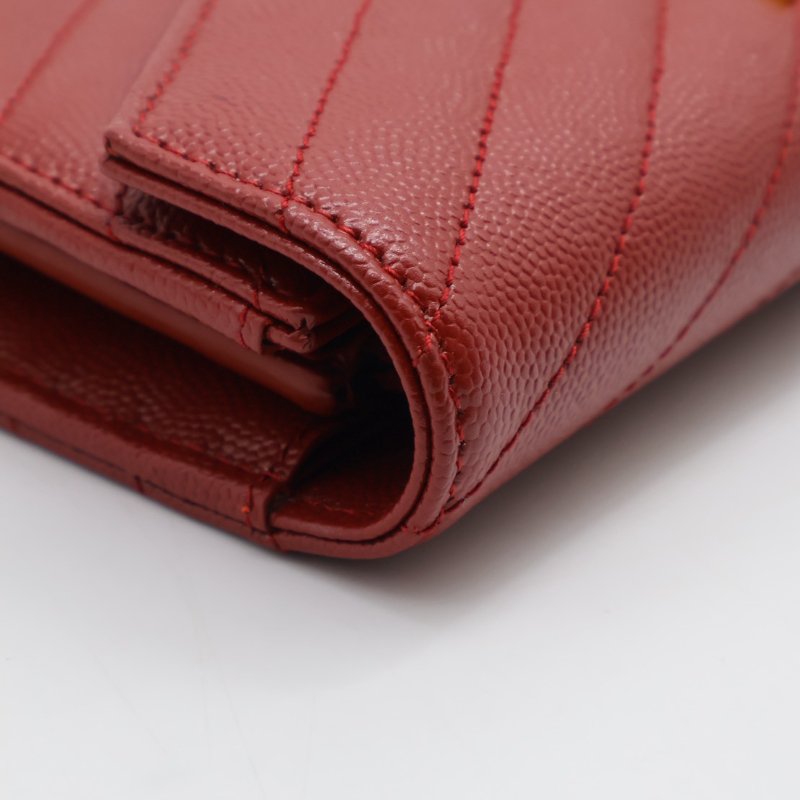 YSL 經典V紋粒面牛皮長夾 - 紅金-6