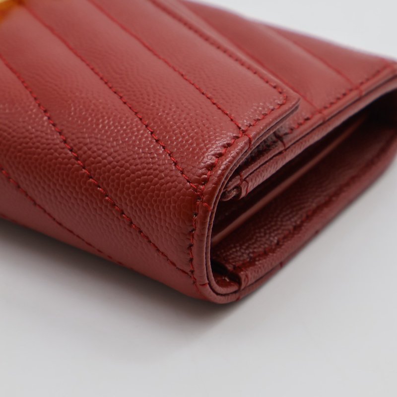 YSL 經典V紋粒面牛皮長夾 - 紅金-7