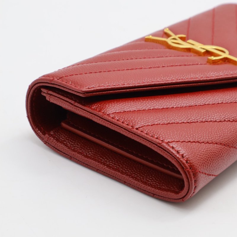 YSL 經典V紋粒面牛皮長夾 - 紅金-8