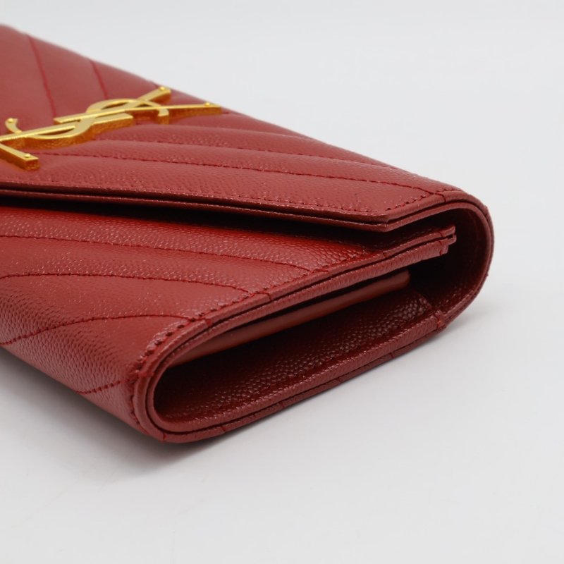 YSL 經典V紋粒面牛皮長夾 - 紅金-9
