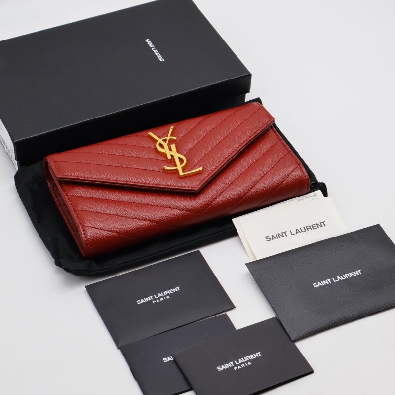 YSL 經典V紋粒面牛皮長夾 - 紅金-11