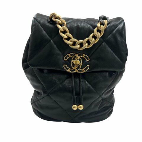 CHANEL 香奈兒 菱格紋翻蓋束口後背包 粗鏈條設計 牛皮 黑色 金扣