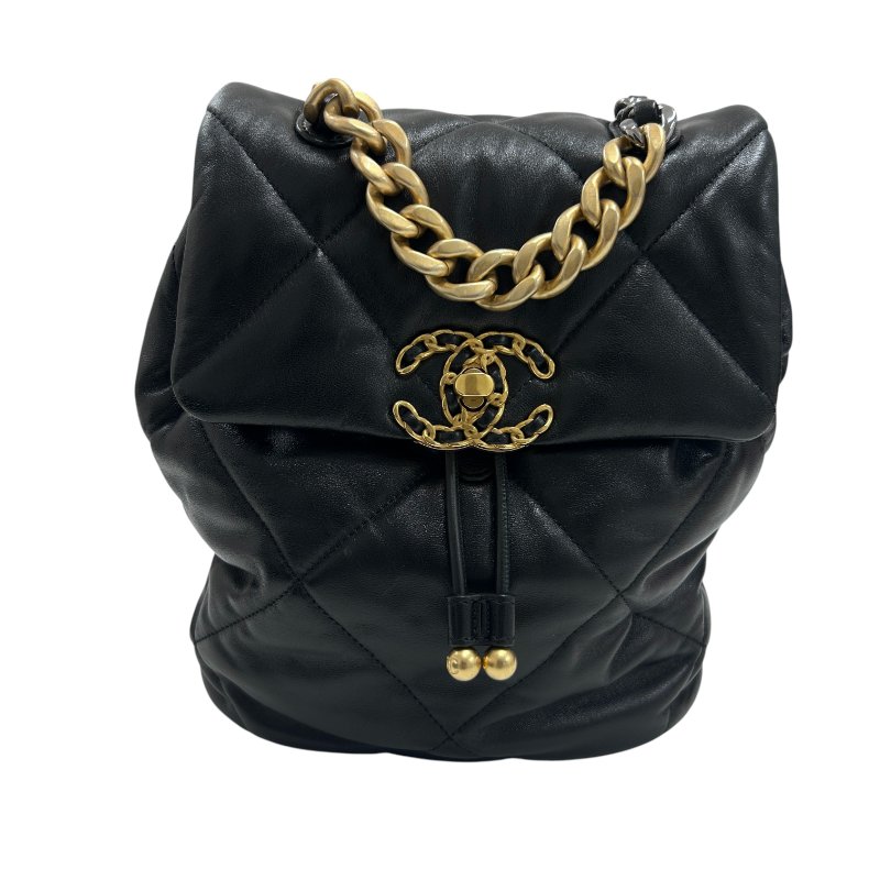 CHANEL 香奈兒 菱格紋翻蓋束口後背包 粗鏈條設計 牛皮 黑色 金扣-0