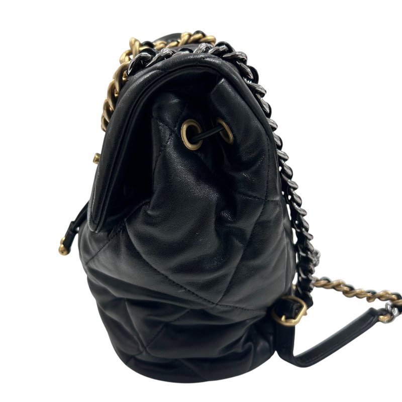 CHANEL 香奈兒 菱格紋翻蓋束口後背包 粗鏈條設計 牛皮 黑色 金扣-2