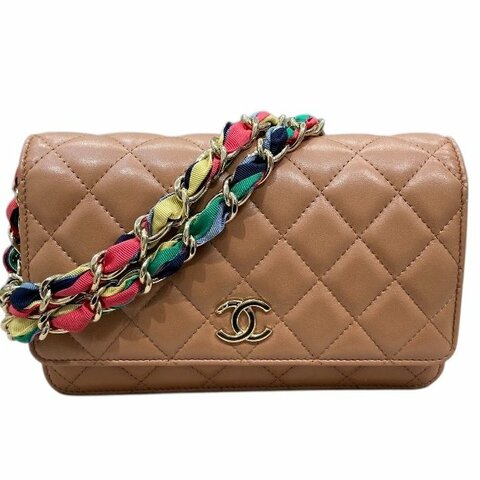 CHANEL 香奈兒 WOC 皮革 緞帶鍊條 側背包 泰奶色