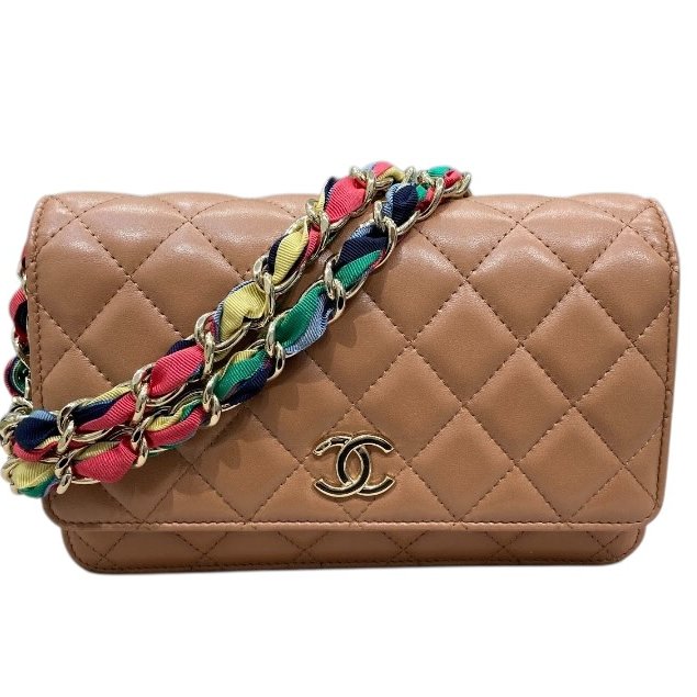 CHANEL 香奈兒 WOC 皮革 緞帶鍊條 側背包 泰奶色-0