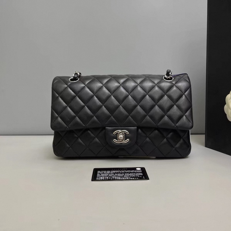 Chanel香奈兒CF中號黑銀全皮菱格包-0