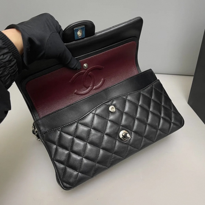 Chanel香奈兒CF中號黑銀全皮菱格包-5